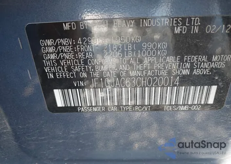 2012 Subaru Impreza 2.0I Premium из США, поврежденный, VIN JF1GJAC63CH020014